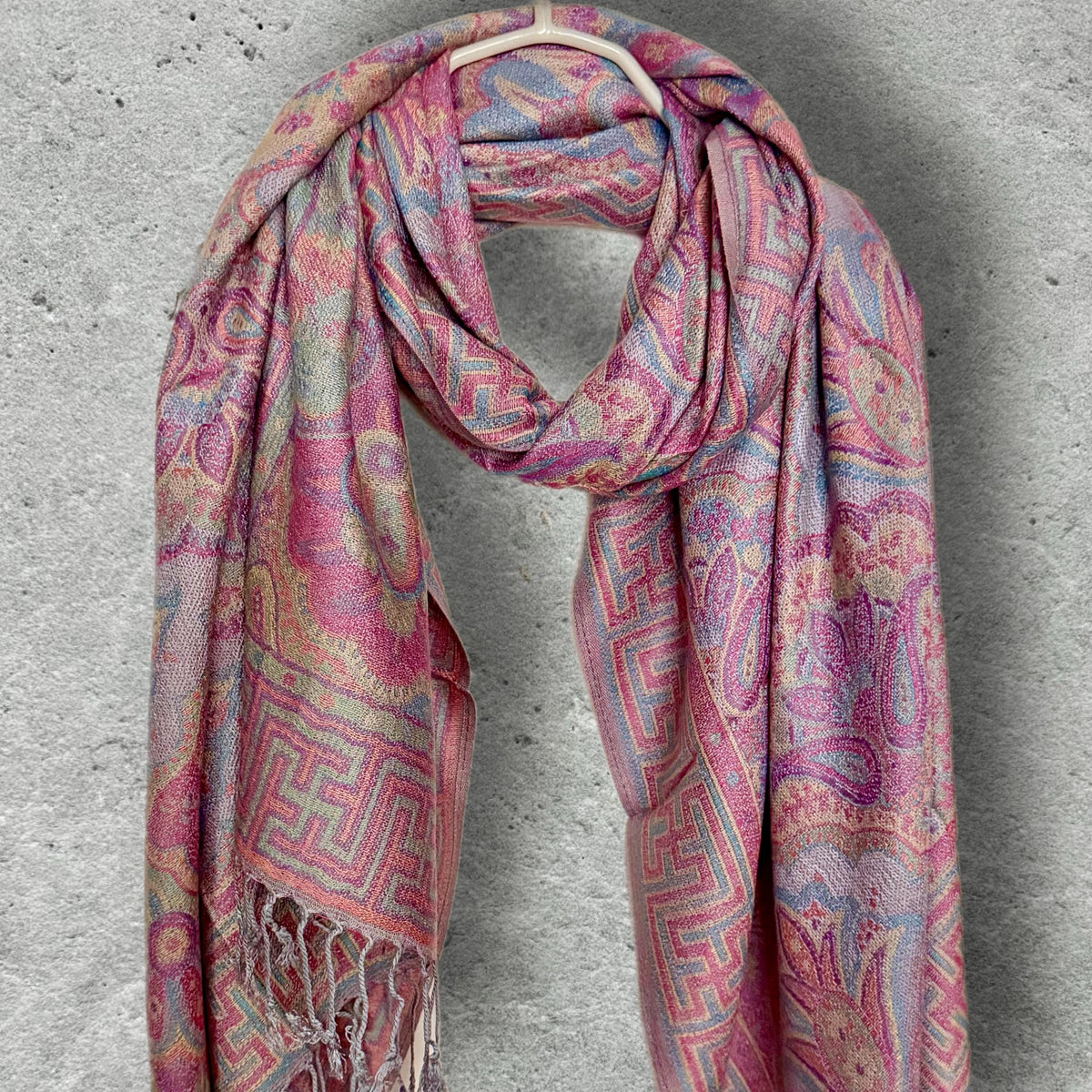 Dusty Pink and Blue Damask Florals Autumn Winter Scarf, Pashmina Style Shawl in Cotton Viscose Blend, Ultra Soft Women Wrap