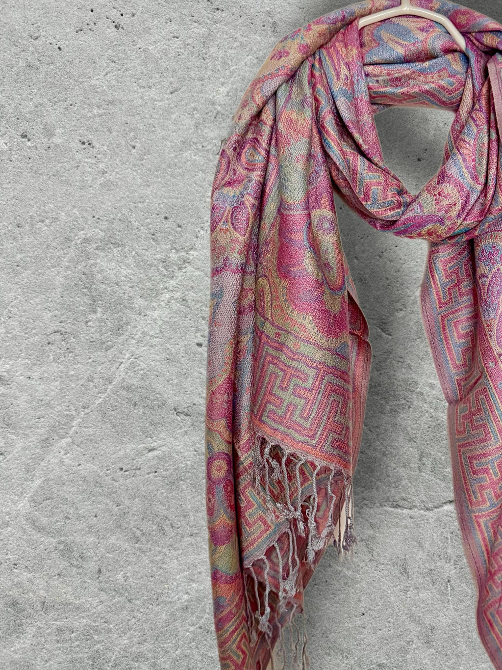 Dusty Pink and Blue Damask Florals Autumn Winter Scarf, Pashmina Style Shawl in Cotton Viscose Blend, Ultra Soft Women Wrap