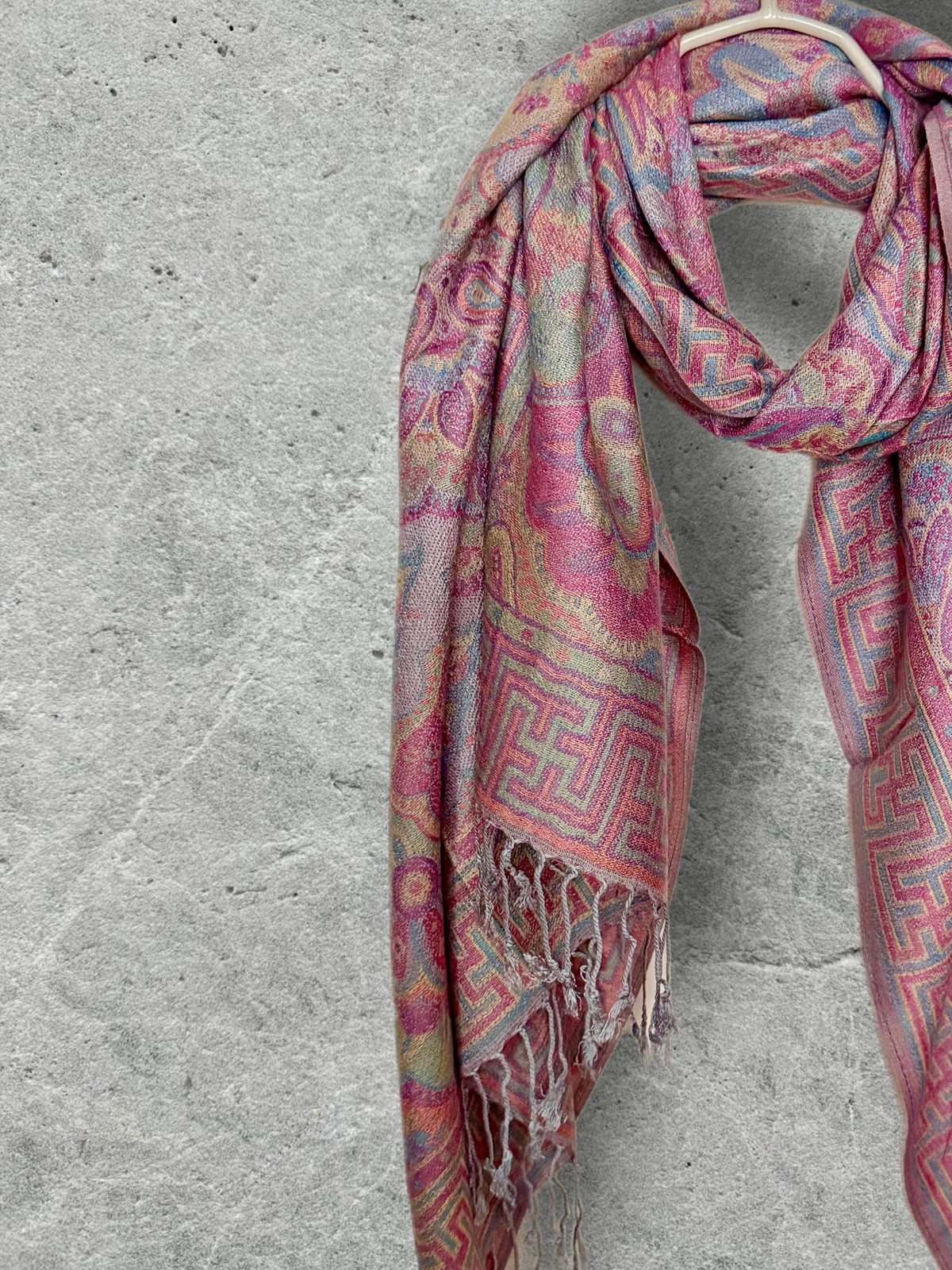 Dusty Pink and Blue Damask Florals Autumn Winter Scarf, Pashmina Style Shawl in Cotton Viscose Blend, Ultra Soft Women Wrap