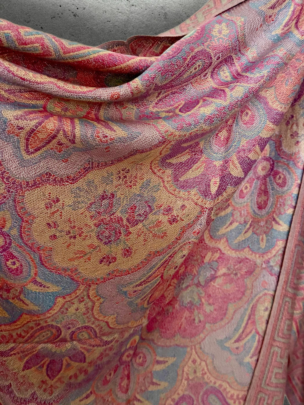 Dusty Pink and Blue Damask Florals Autumn Winter Scarf, Pashmina Style Shawl in Cotton Viscose Blend, Ultra Soft Women Wrap