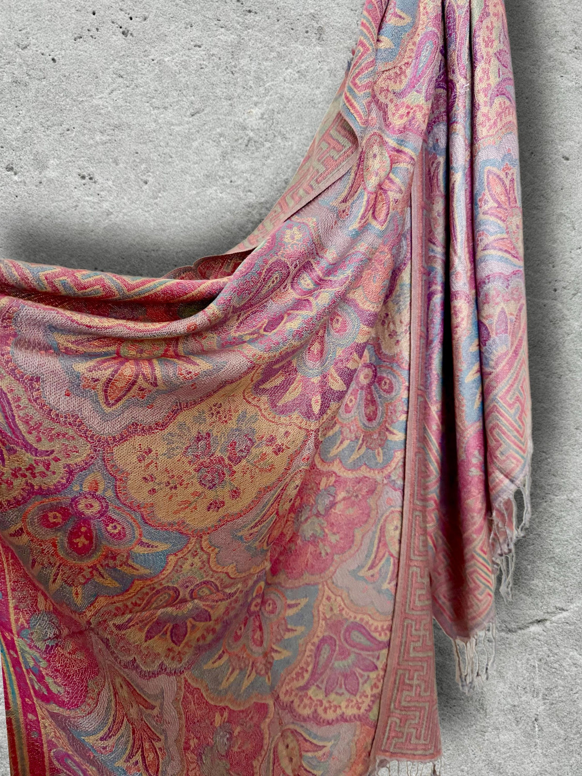 Dusty Pink and Blue Damask Florals Autumn Winter Scarf, Pashmina Style Shawl in Cotton Viscose Blend, Ultra Soft Women Wrap