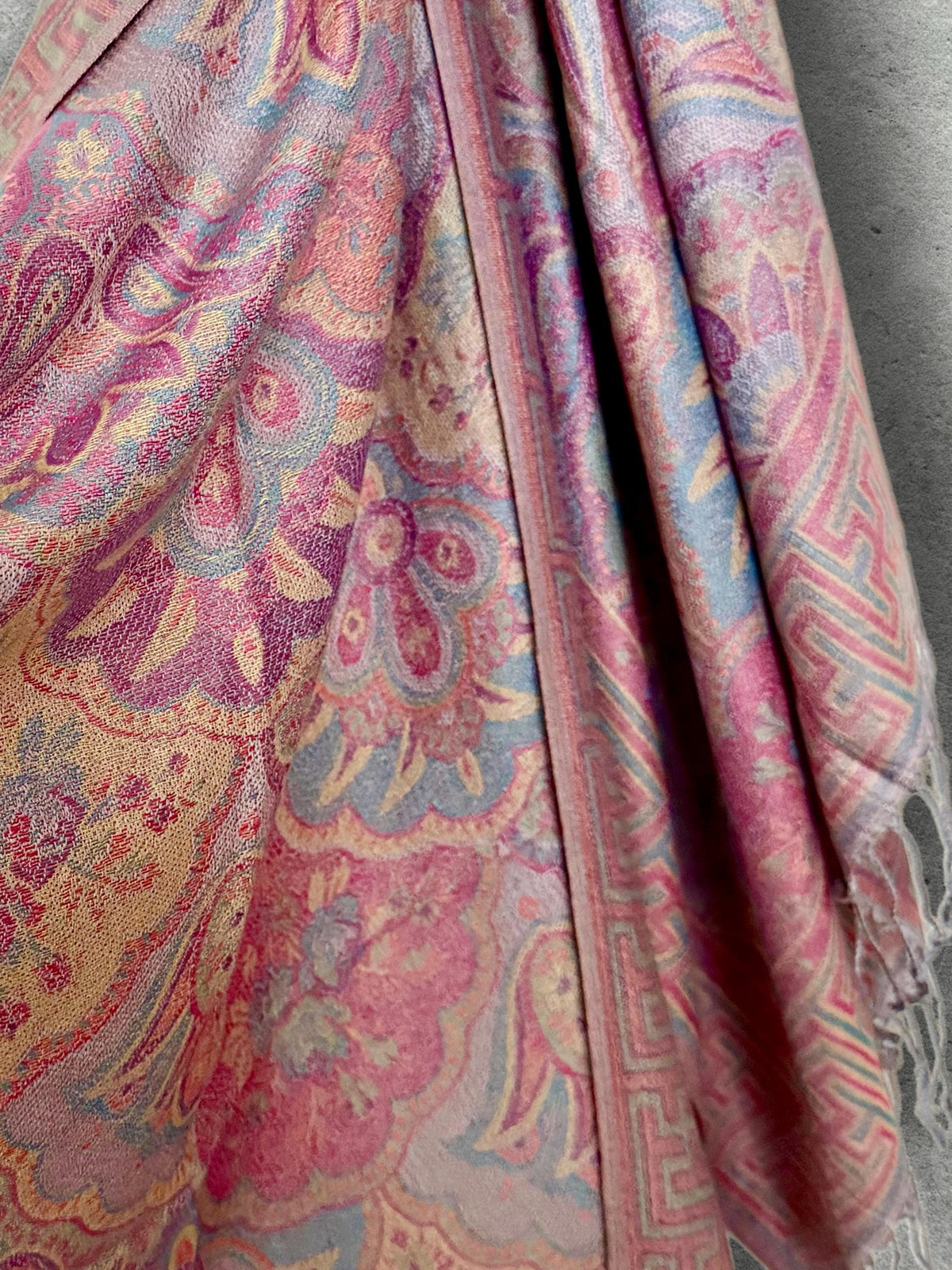 Dusty Pink and Blue Damask Florals Autumn Winter Scarf, Pashmina Style Shawl in Cotton Viscose Blend, Ultra Soft Women Wrap