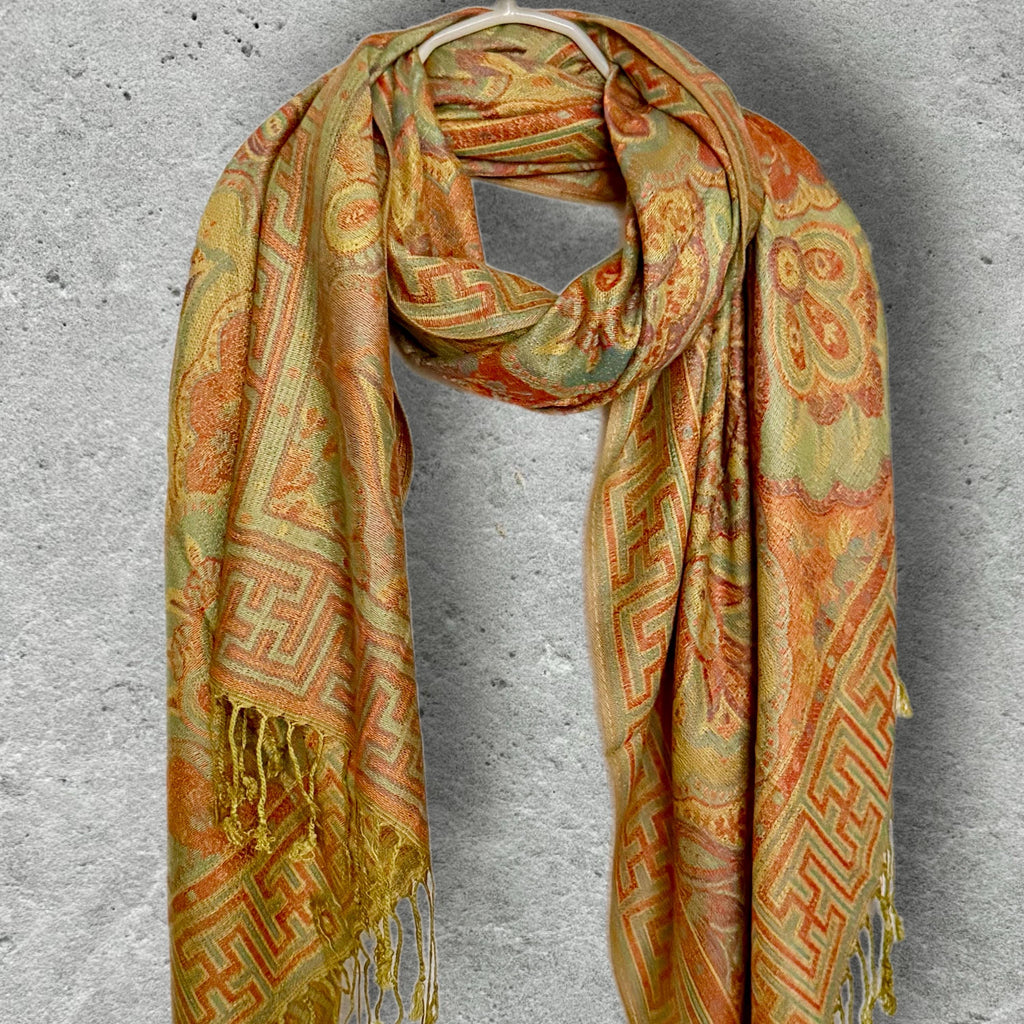 Mustard Olive Autumn Scarf, Damask Florals Cotton Viscose Blend Pashmina Style Fringed Winter Wrap