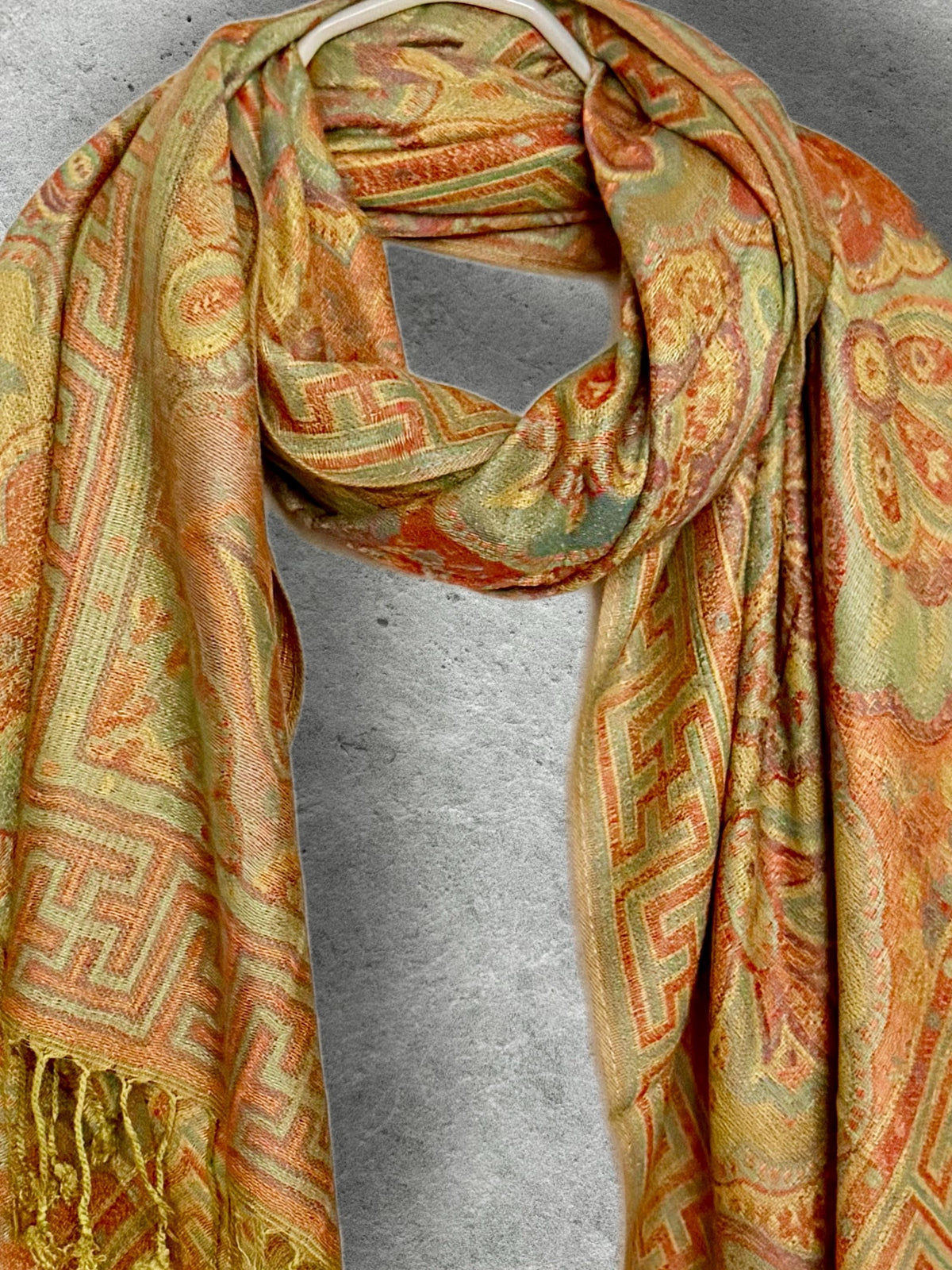Mustard Olive Autumn Scarf, Damask Florals Cotton Viscose Blend Pashmina Style Fringed Winter Wrap