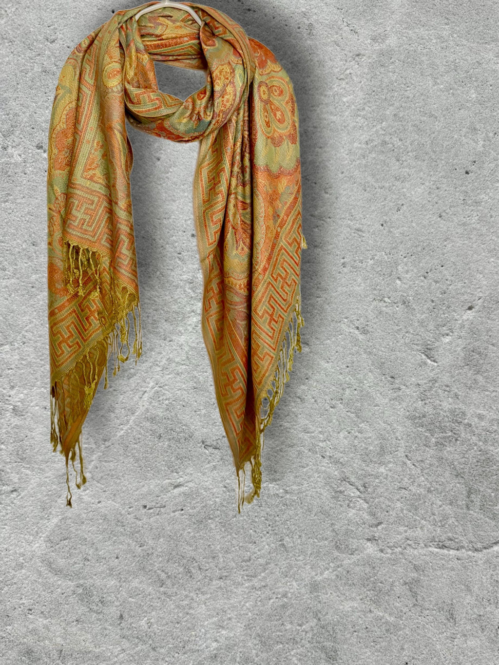 Mustard Olive Autumn Scarf, Damask Florals Cotton Viscose Blend Pashmina Style Fringed Winter Wrap