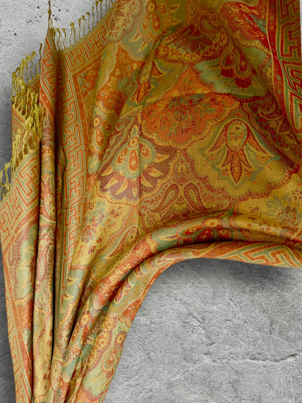 Mustard Olive Autumn Scarf, Damask Florals Cotton Viscose Blend Pashmina Style Fringed Winter Wrap