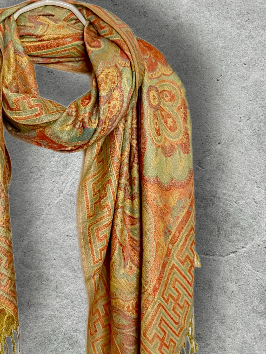 Mustard Olive Autumn Scarf, Damask Florals Cotton Viscose Blend Pashmina Style Fringed Winter Wrap