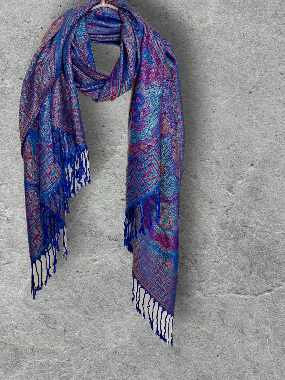 Royal Blue Purple Damask Autumn Winter Scarf, Cotton Viscose Pashmina Style Shawl for Women, Ideal Gifts for Her