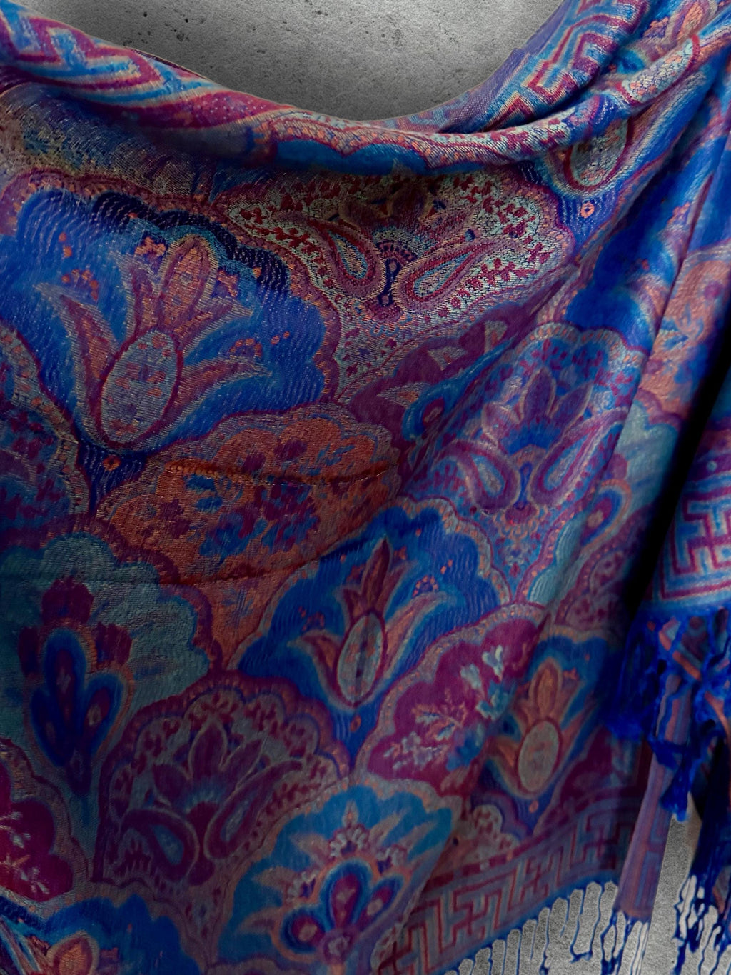 Royal Blue Purple Damask Autumn Winter Scarf, Cotton Viscose Pashmina Style Shawl for Women, Ideal Gifts for Her