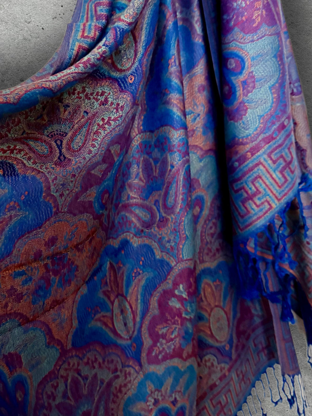 Royal Blue Purple Damask Autumn Winter Scarf, Cotton Viscose Pashmina Style Shawl for Women, Ideal Gifts for Her