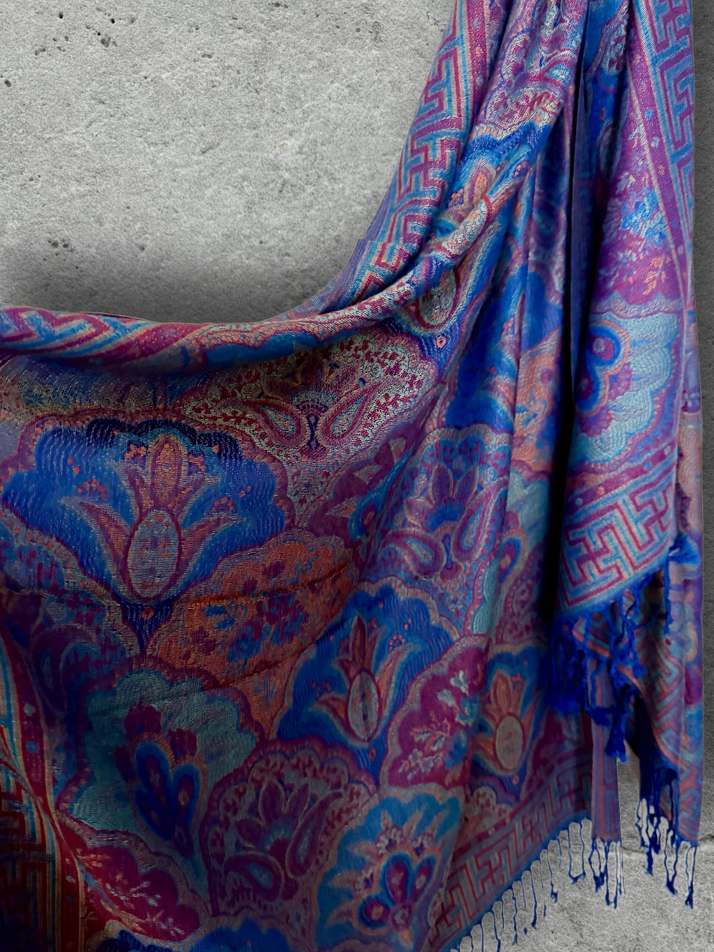 Royal Blue Purple Damask Autumn Winter Scarf, Cotton Viscose Pashmina Style Shawl for Women, Ideal Gifts for Her