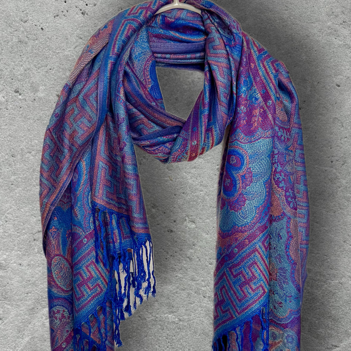 Royal Blue Purple Damask Autumn Winter Scarf, Cotton Viscose Pashmina Style Shawl for Women, Ideal Gifts for Her