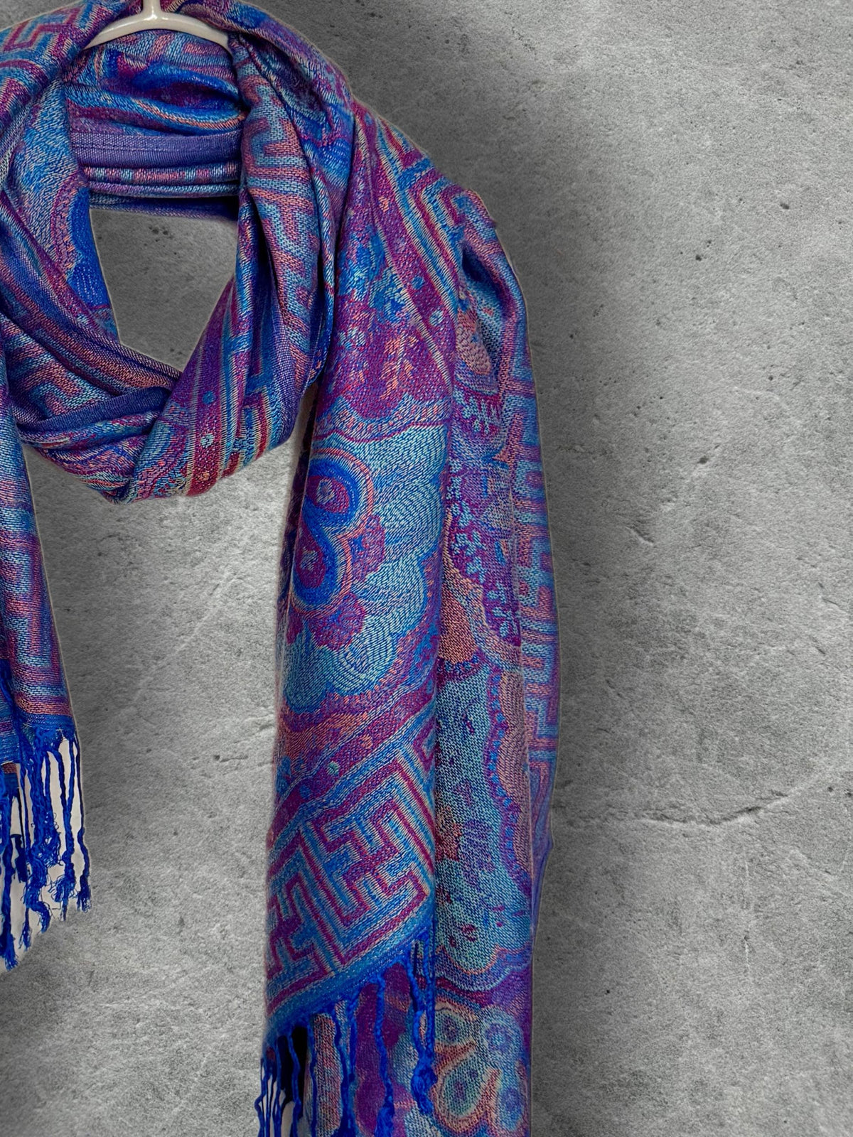 Royal Blue Purple Damask Autumn Winter Scarf, Cotton Viscose Pashmina Style Shawl for Women, Ideal Gifts for Her