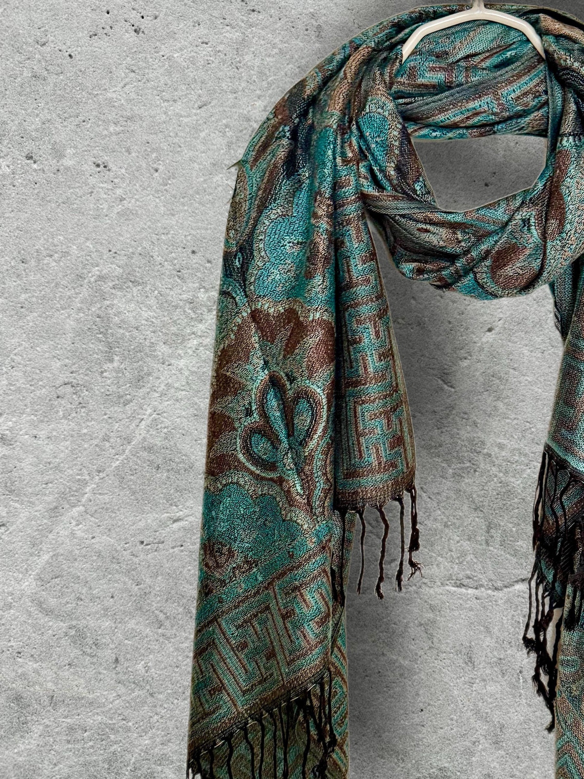 Aqua Brown Damask Autumn Winter Scarf, Cotton Viscose Blend Pashmina Style Wrap with Fringe, Thoughtful Gifts for Her
