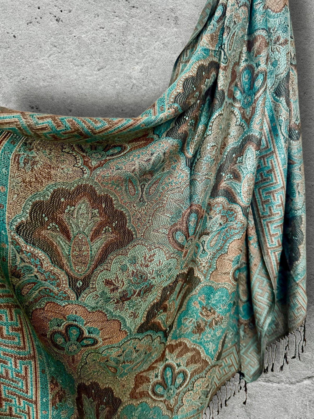 Aqua Brown Damask Autumn Winter Scarf, Cotton Viscose Blend Pashmina Style Wrap with Fringe, Thoughtful Gifts for Her