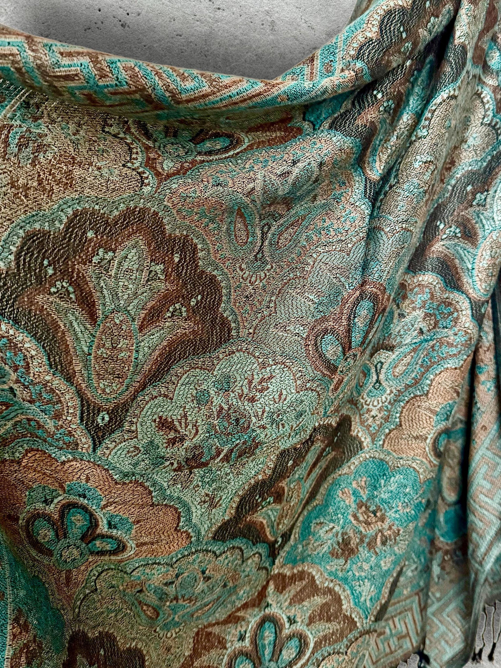 Aqua Brown Damask Autumn Winter Scarf, Cotton Viscose Blend Pashmina Style Wrap with Fringe, Thoughtful Gifts for Her