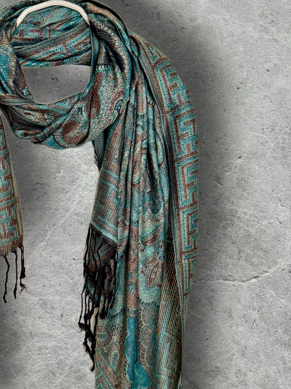 Aqua Brown Damask Autumn Winter Scarf, Cotton Viscose Blend Pashmina Style Wrap with Fringe, Thoughtful Gifts for Her