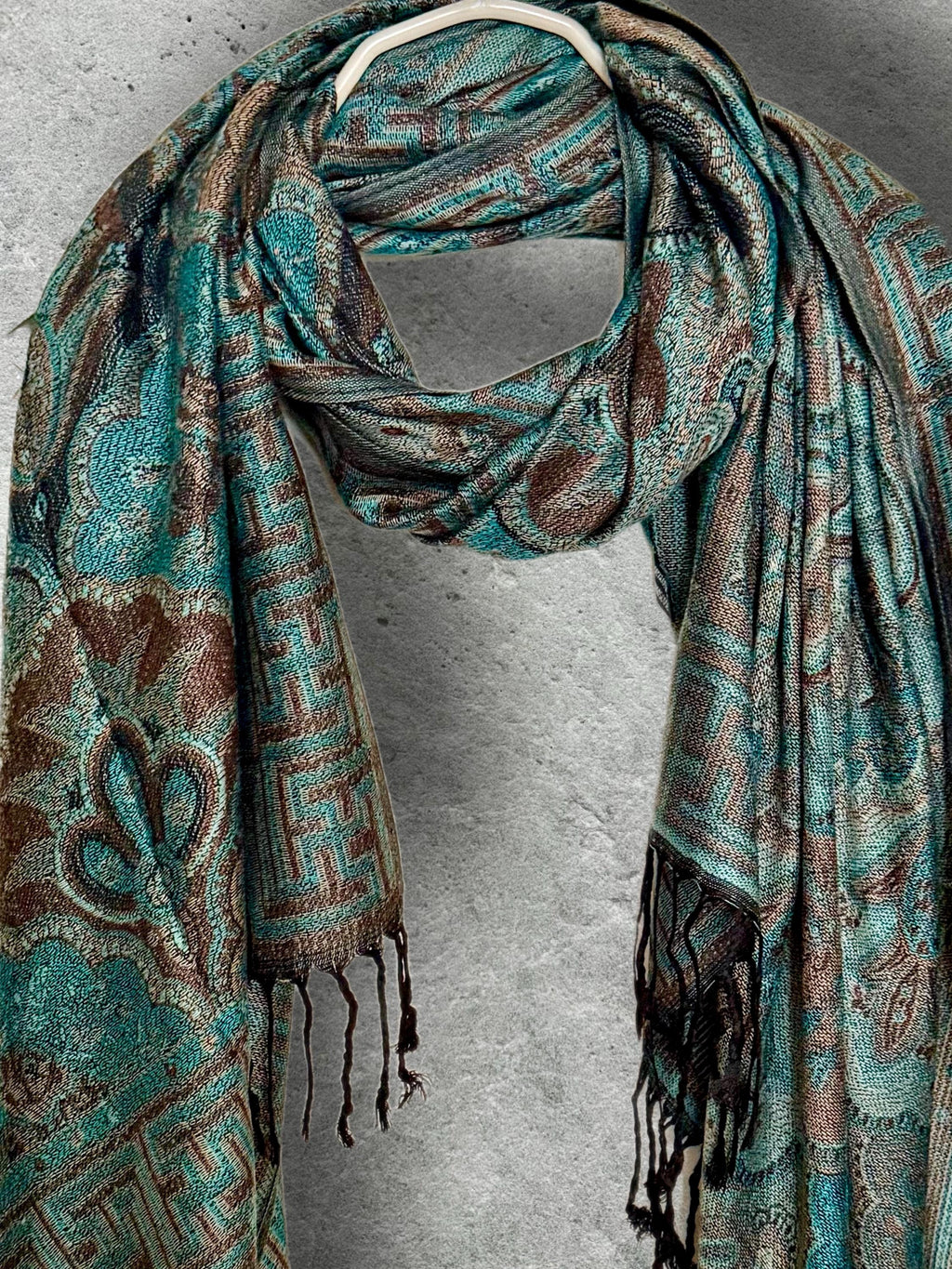 Aqua Brown Damask Autumn Winter Scarf, Cotton Viscose Blend Pashmina Style Wrap with Fringe, Thoughtful Gifts for Her