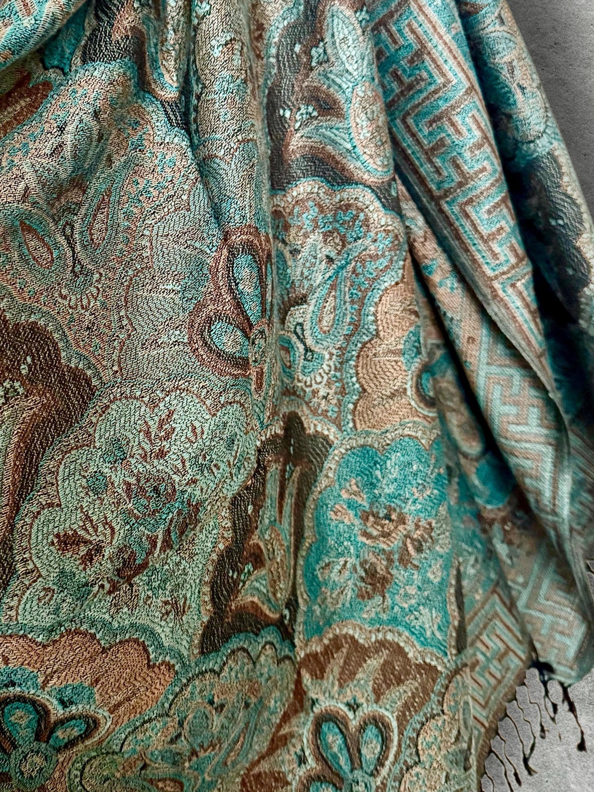 Aqua Brown Damask Autumn Winter Scarf, Cotton Viscose Blend Pashmina Style Wrap with Fringe, Thoughtful Gifts for Her