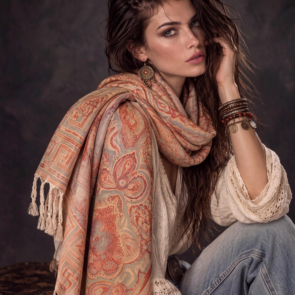 Coral Beige Damask Scarf, Cotton Viscose Blend Pashmina Style Autumn Winter Shawl