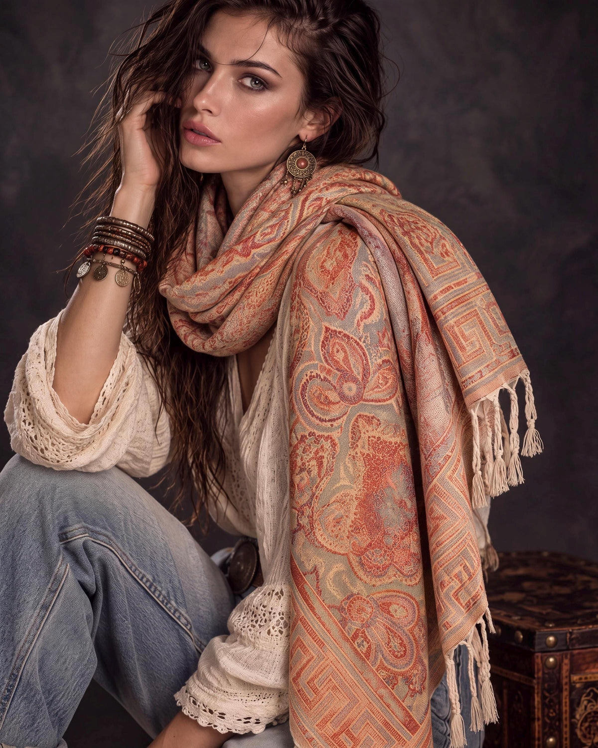 Coral Beige Damask Scarf, Cotton Viscose Blend Pashmina Style Autumn Winter Shawl