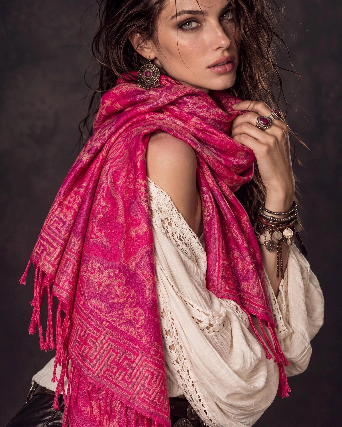 Fuchsia Pink Floral Autumn Winter Scarf, Cotton Viscose Blend Pashmina Style Fringed Women Shawl,Thoughtful Gifts for Her