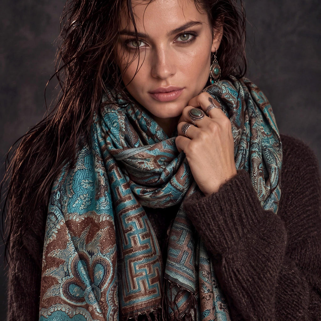 Aqua Brown Damask Autumn Winter Scarf, Cotton Viscose Blend Pashmina Style Wrap with Fringe, Thoughtful Gifts for Her