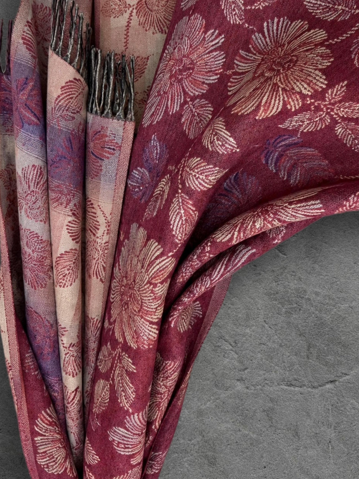 Reversible Burgundy Floral Winter Scarf, Blush Pink Botanical Shawl for Women, Ultra Soft Cozy Wrap, Gifts for Her
