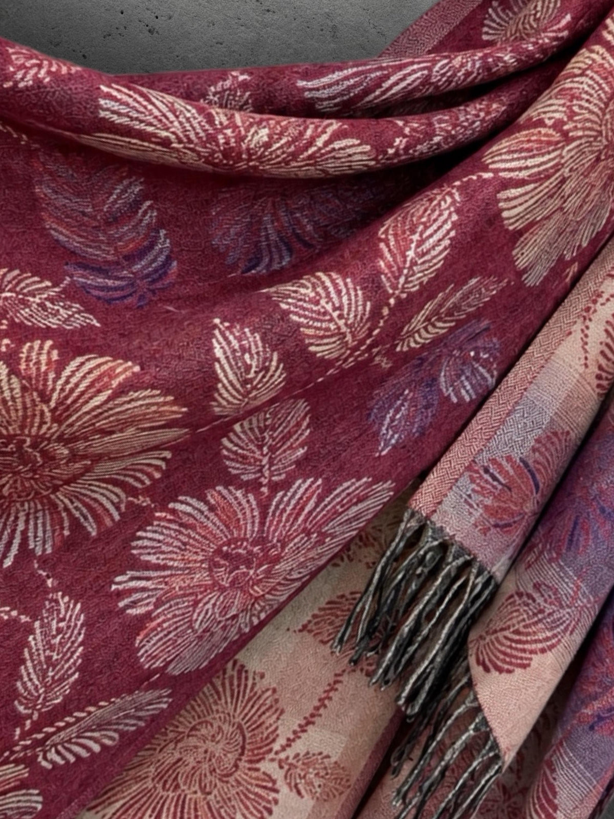 Reversible Burgundy Floral Winter Scarf, Blush Pink Botanical Shawl for Women, Ultra Soft Cozy Wrap, Gifts for Her
