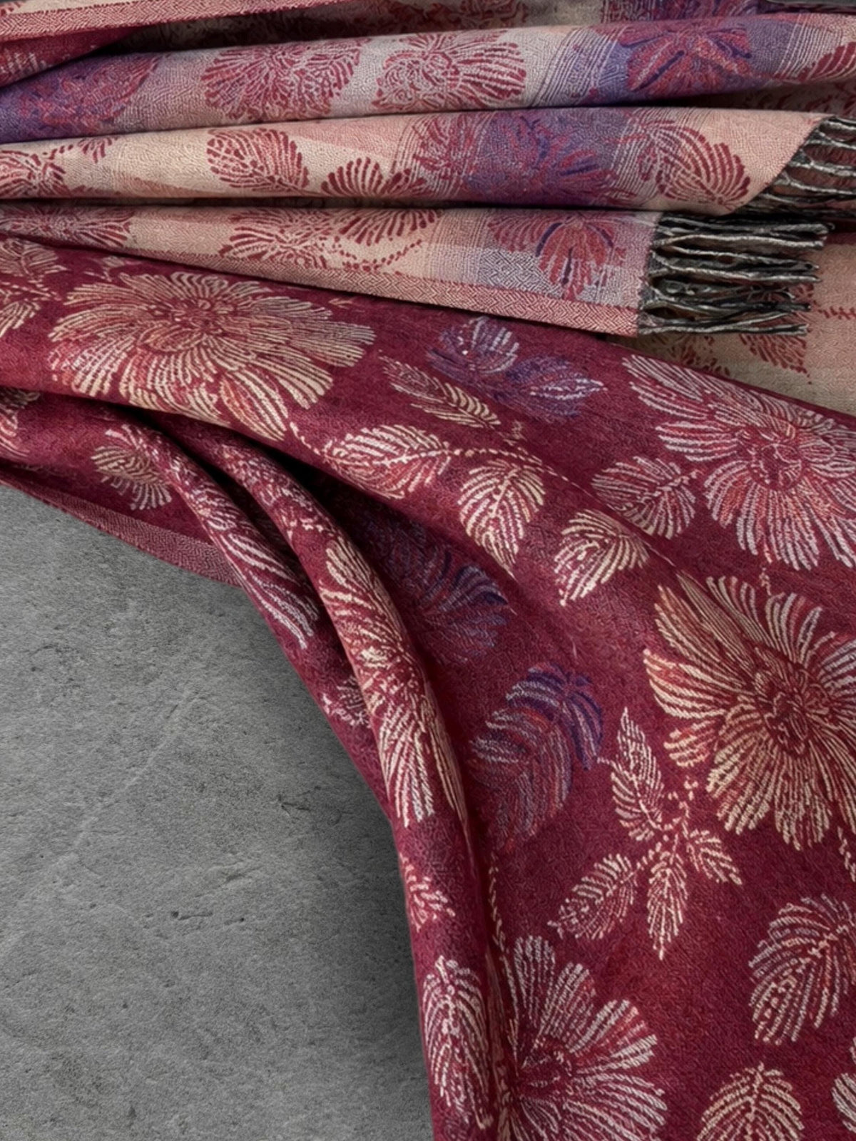 Reversible Burgundy Floral Winter Scarf, Blush Pink Botanical Shawl for Women, Ultra Soft Cozy Wrap, Gifts for Her