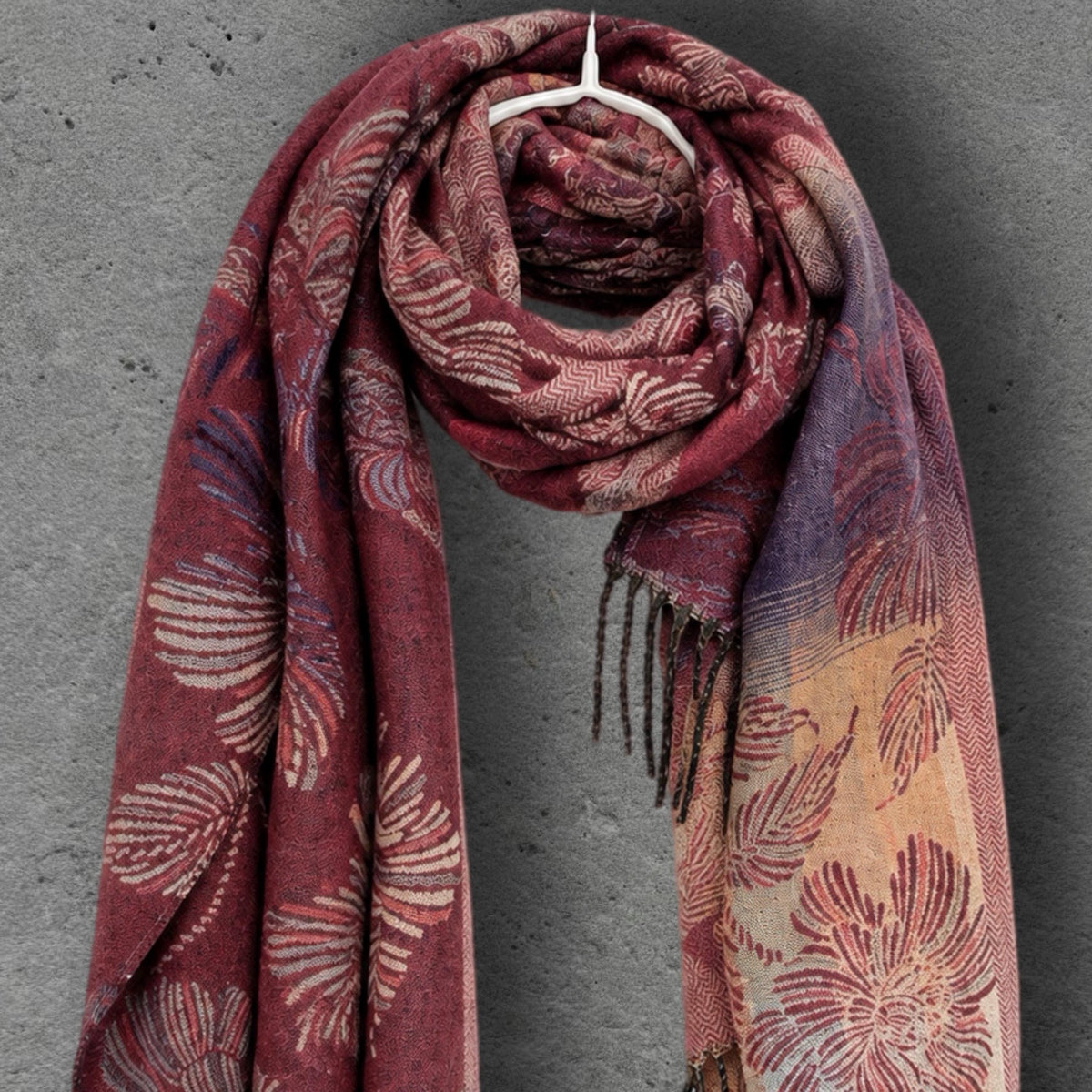 Reversible Burgundy Floral Winter Scarf, Blush Pink Botanical Shawl for Women, Ultra Soft Cozy Wrap, Gifts for Her