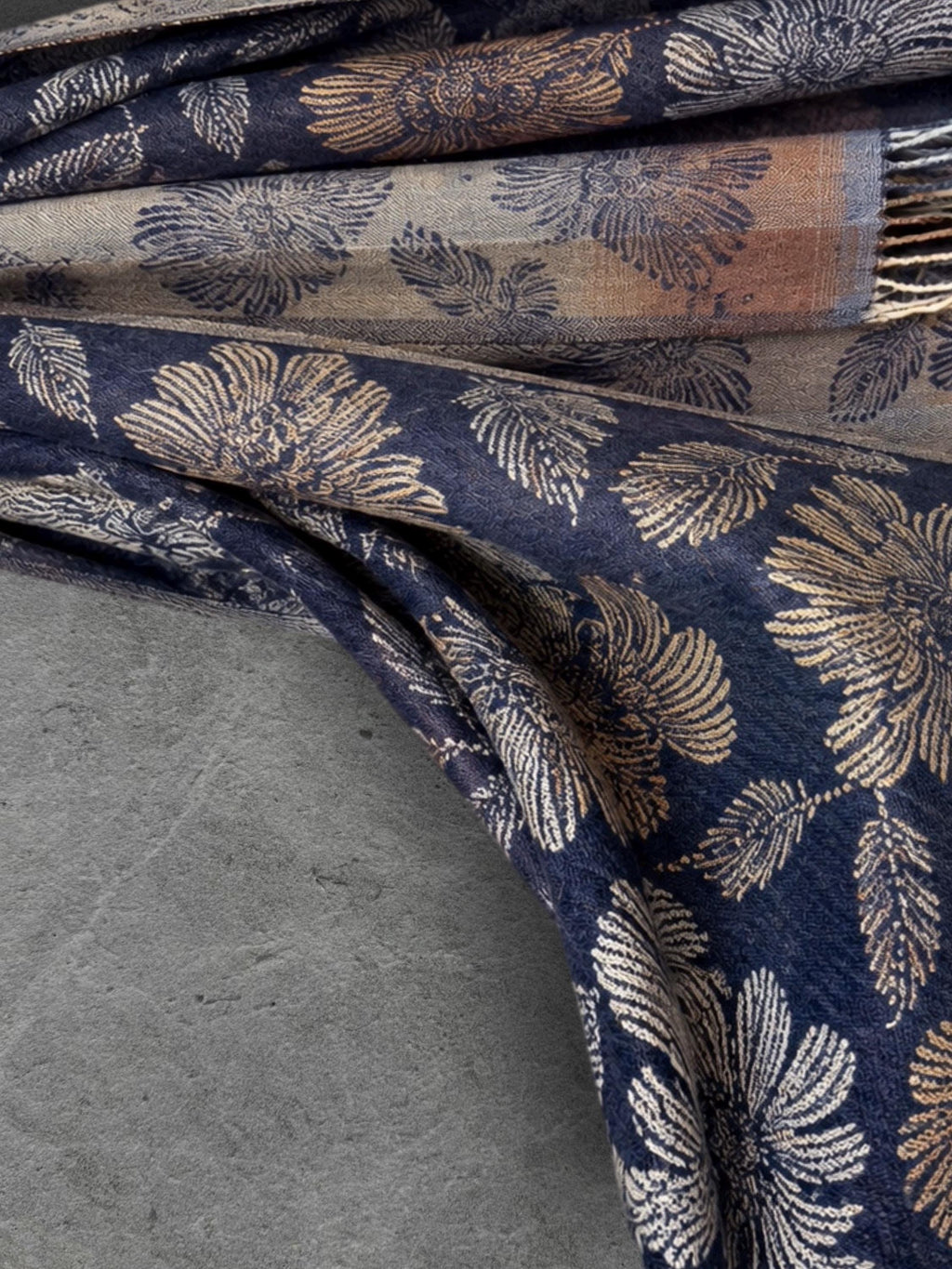 Reversible Navy Floral Winter Scarf, Beige Botanical Wrap for Women, Ultra Soft Luxury Shawl, Warm Gift for Her