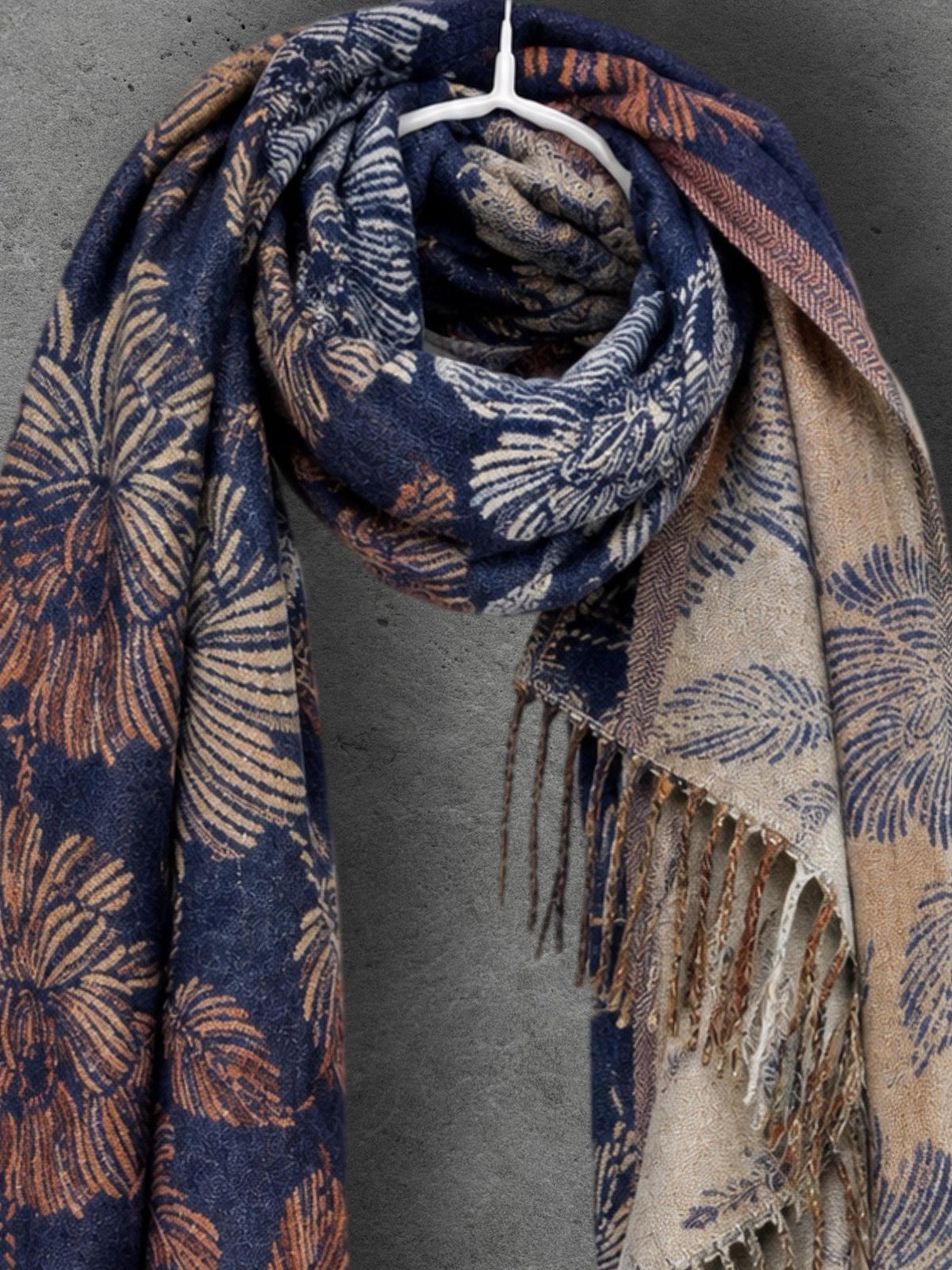 Reversible Navy Floral Winter Scarf, Beige Botanical Wrap for Women, Ultra Soft Luxury Shawl, Warm Gift for Her