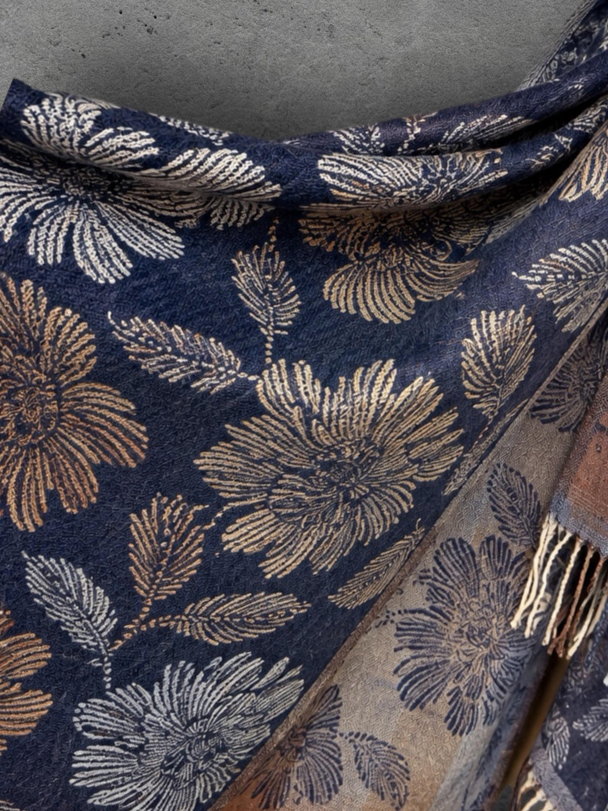 Reversible Navy Floral Winter Scarf, Beige Botanical Wrap for Women, Ultra Soft Luxury Shawl, Warm Gift for Her