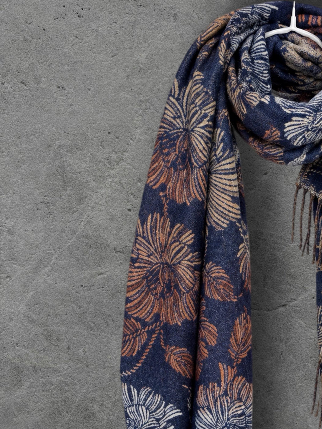 Reversible Navy Floral Winter Scarf, Beige Botanical Wrap for Women, Ultra Soft Luxury Shawl, Warm Gift for Her