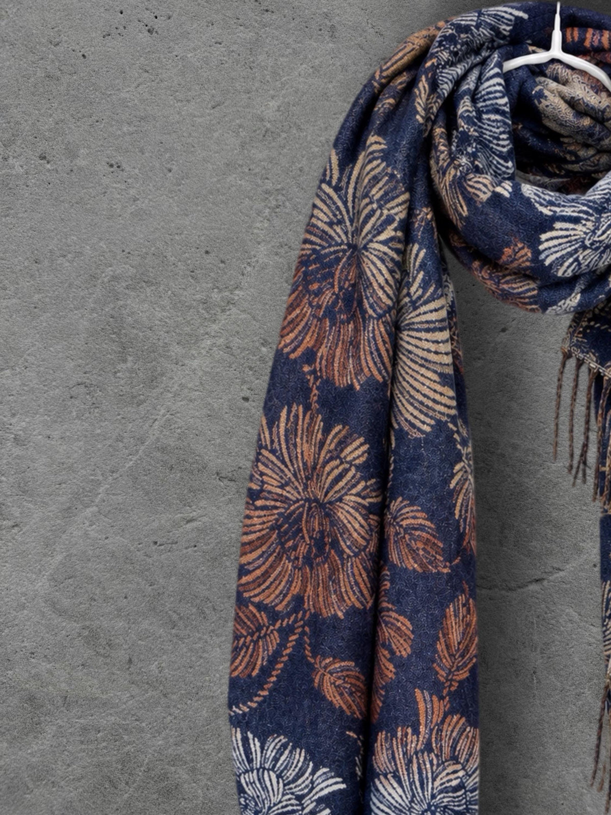 Reversible Navy Floral Winter Scarf, Beige Botanical Wrap for Women, Ultra Soft Luxury Shawl, Warm Gift for Her