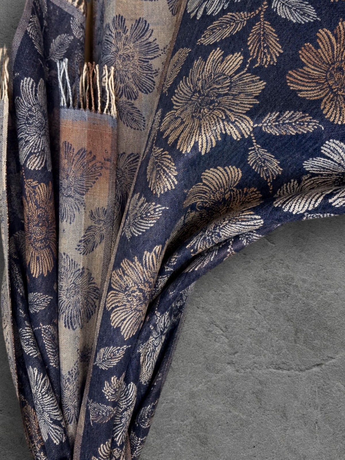 Reversible Navy Floral Winter Scarf, Beige Botanical Wrap for Women, Ultra Soft Luxury Shawl, Warm Gift for Her