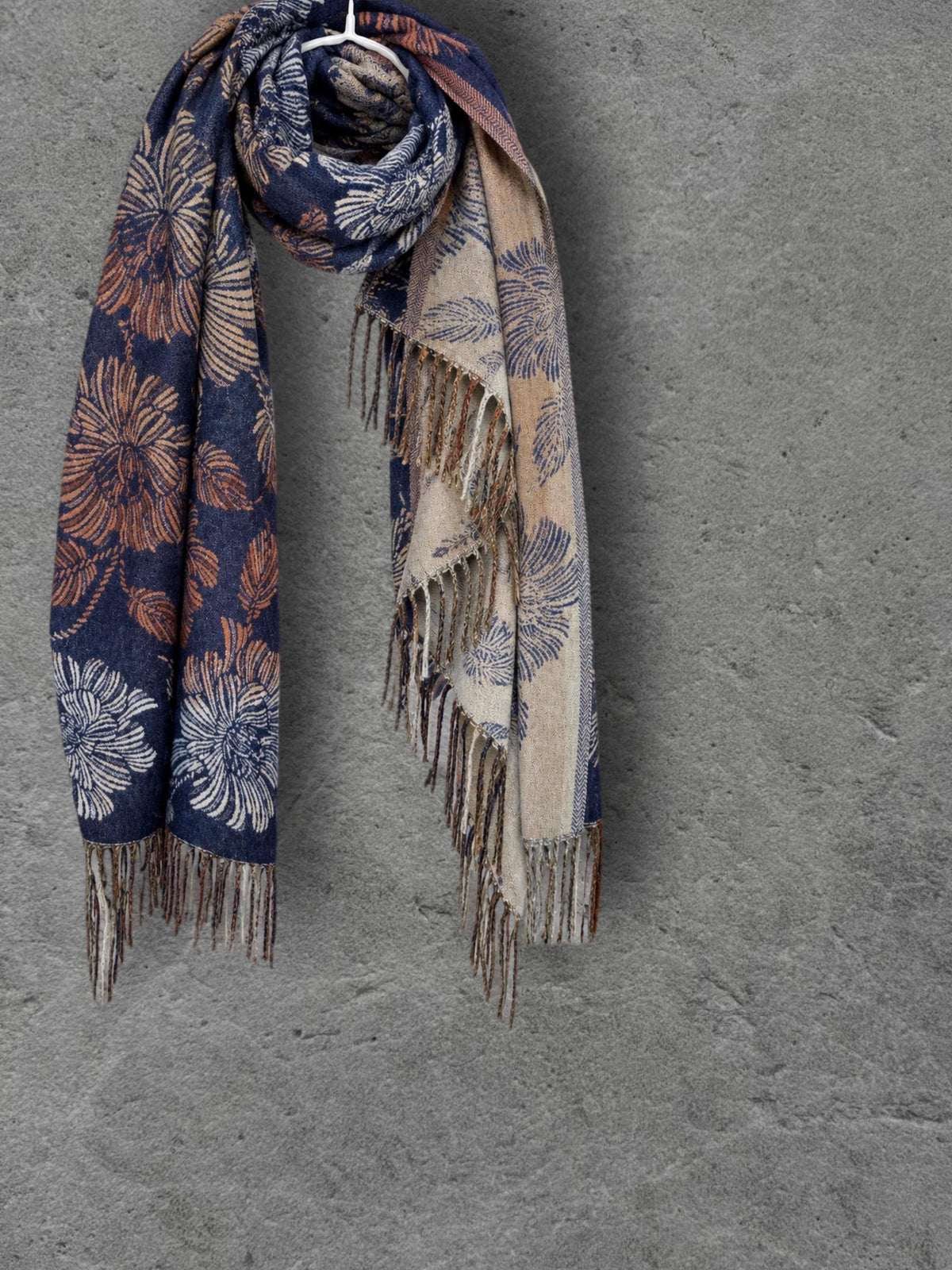 Reversible Navy Floral Winter Scarf, Beige Botanical Wrap for Women, Ultra Soft Luxury Shawl, Warm Gift for Her