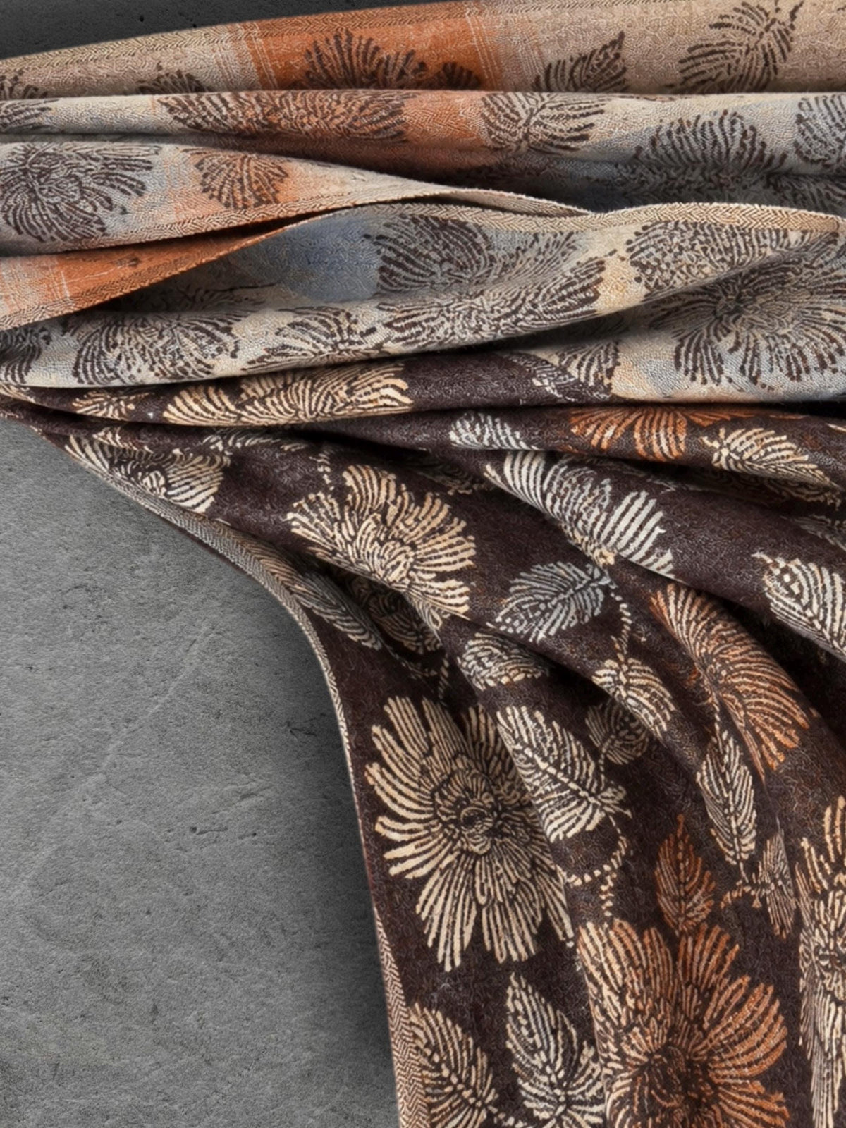 Reversible Brown Floral Winter Scarf, Camel Beige Botanical Wrap for Women, Ultra Soft Cozy Shawl, Warm Gifts for Her