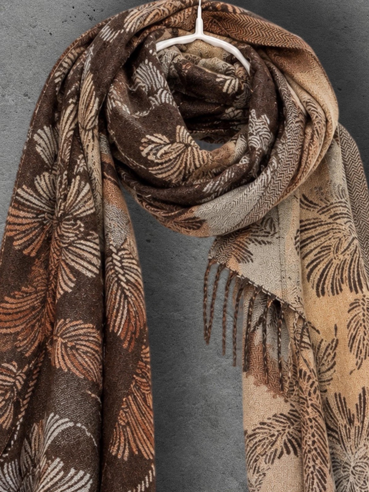 Reversible Brown Floral Winter Scarf, Camel Beige Botanical Wrap for Women, Ultra Soft Cozy Shawl, Warm Gifts for Her