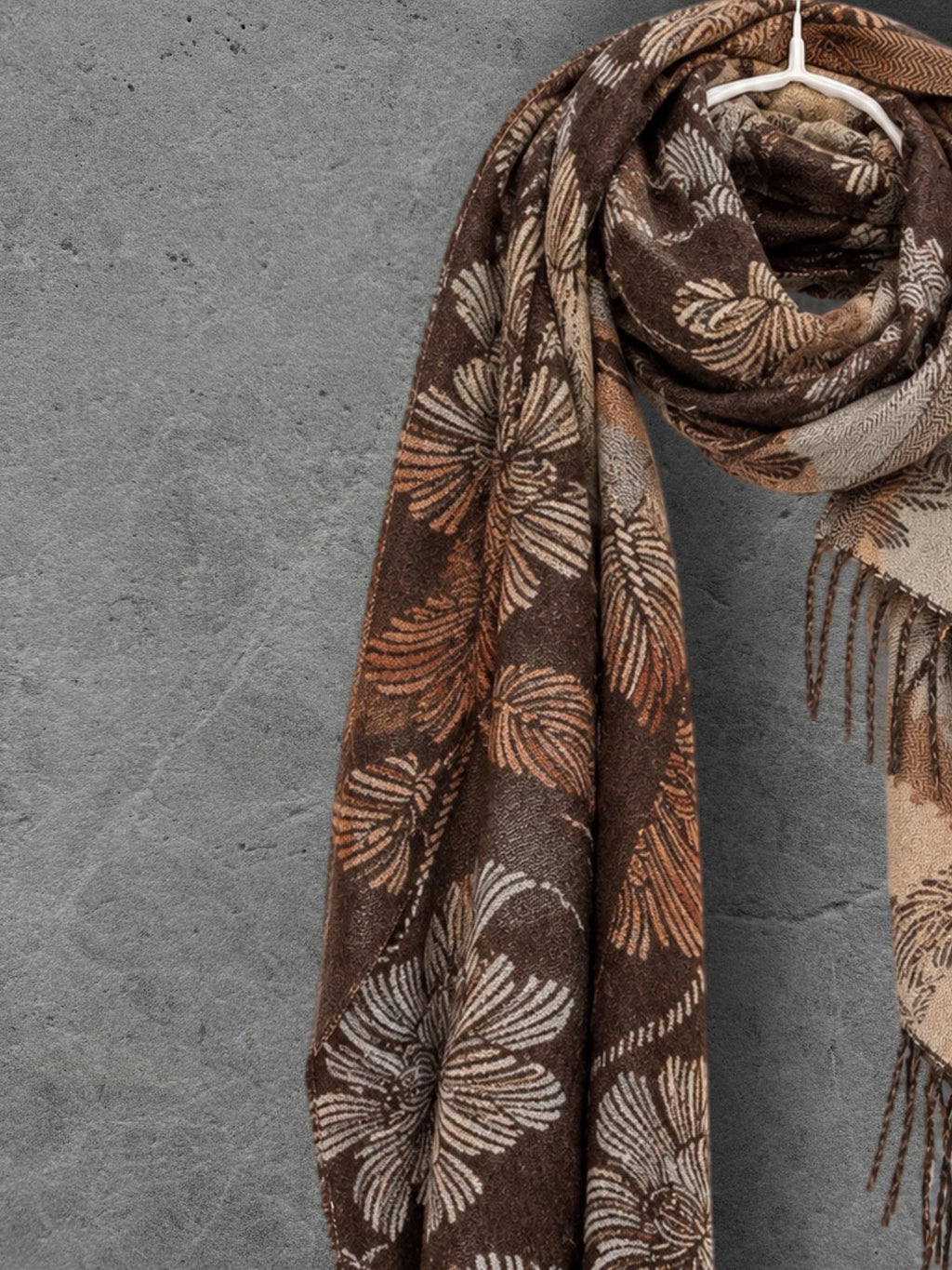 Reversible Brown Floral Winter Scarf, Camel Beige Botanical Wrap for Women, Ultra Soft Cozy Shawl, Warm Gifts for Her