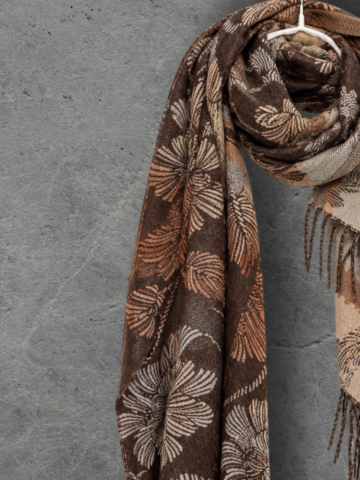 Reversible Brown Floral Winter Scarf, Camel Beige Botanical Wrap for Women, Ultra Soft Cozy Shawl, Warm Gifts for Her