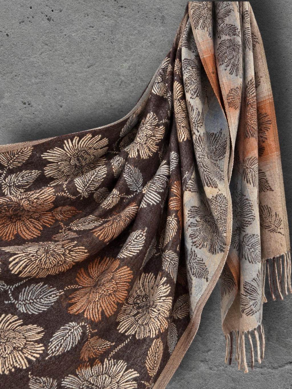 Reversible Brown Floral Winter Scarf, Camel Beige Botanical Wrap for Women, Ultra Soft Cozy Shawl, Warm Gifts for Her