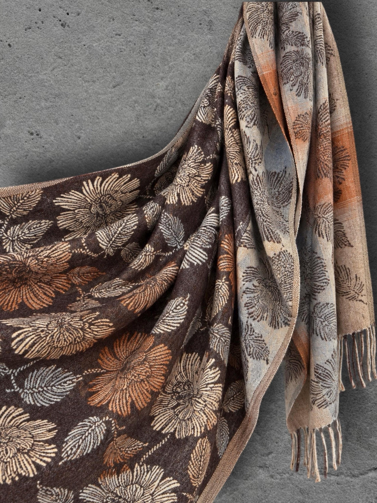 Reversible Brown Floral Winter Scarf, Camel Beige Botanical Wrap for Women, Ultra Soft Cozy Shawl, Warm Gifts for Her