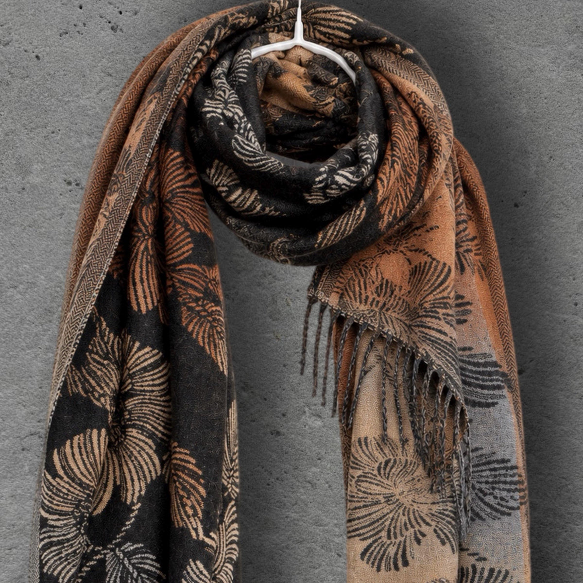 Reversible Black and Beige Floral Winter Scarf, Ultra Soft Shawl for Women, Botanical Pattern Wrap, Warm Gifts for Her