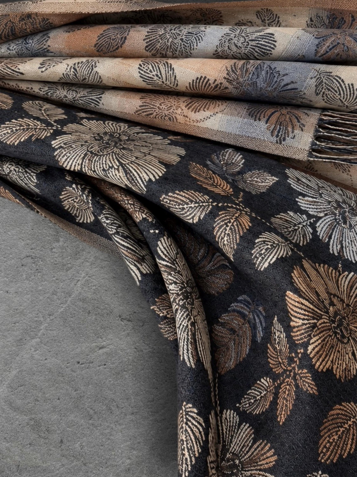 Reversible Black and Beige Floral Winter Scarf, Ultra Soft Shawl for Women, Botanical Pattern Wrap, Warm Gifts for Her