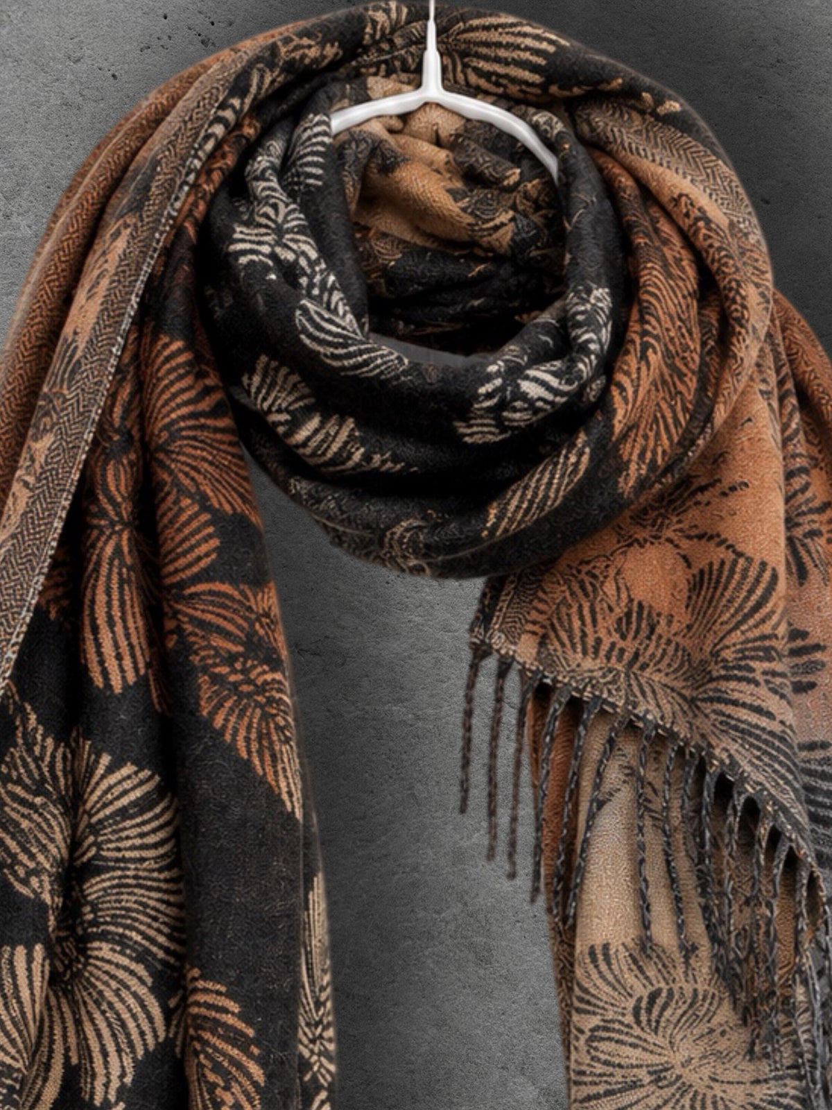 Reversible Black and Beige Floral Winter Scarf, Ultra Soft Shawl for Women, Botanical Pattern Wrap, Warm Gifts for Her