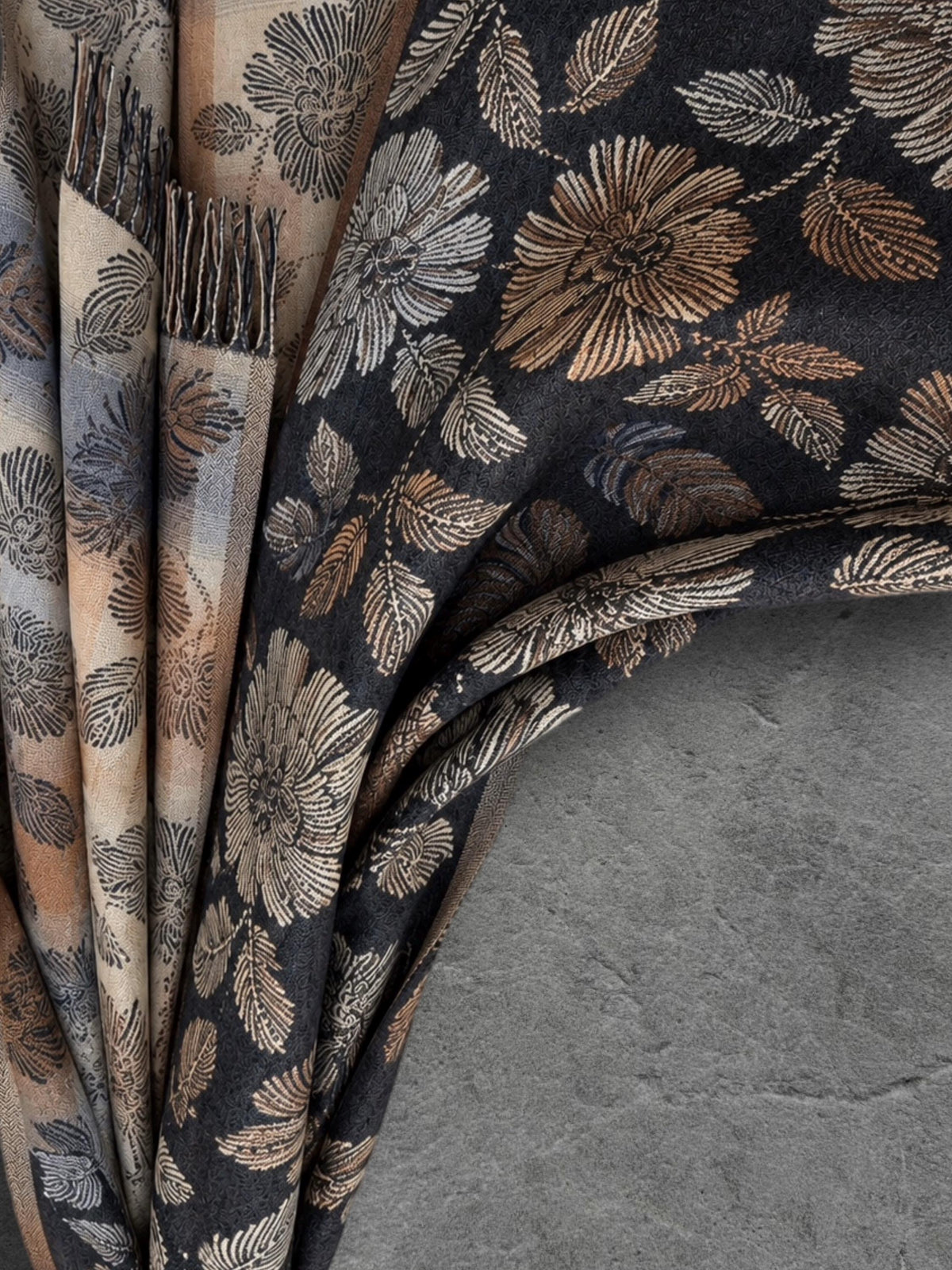 Reversible Black and Beige Floral Winter Scarf, Ultra Soft Shawl for Women, Botanical Pattern Wrap, Warm Gifts for Her
