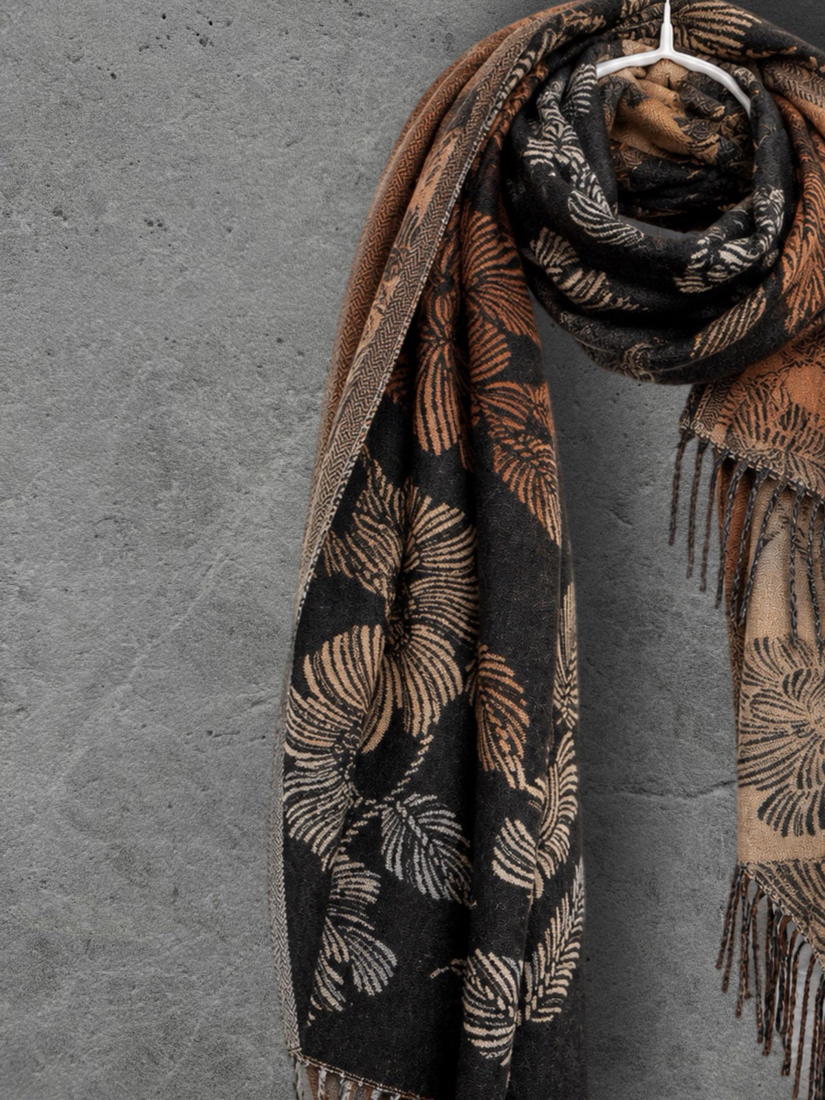Reversible Black and Beige Floral Winter Scarf, Ultra Soft Shawl for Women, Botanical Pattern Wrap, Warm Gifts for Her