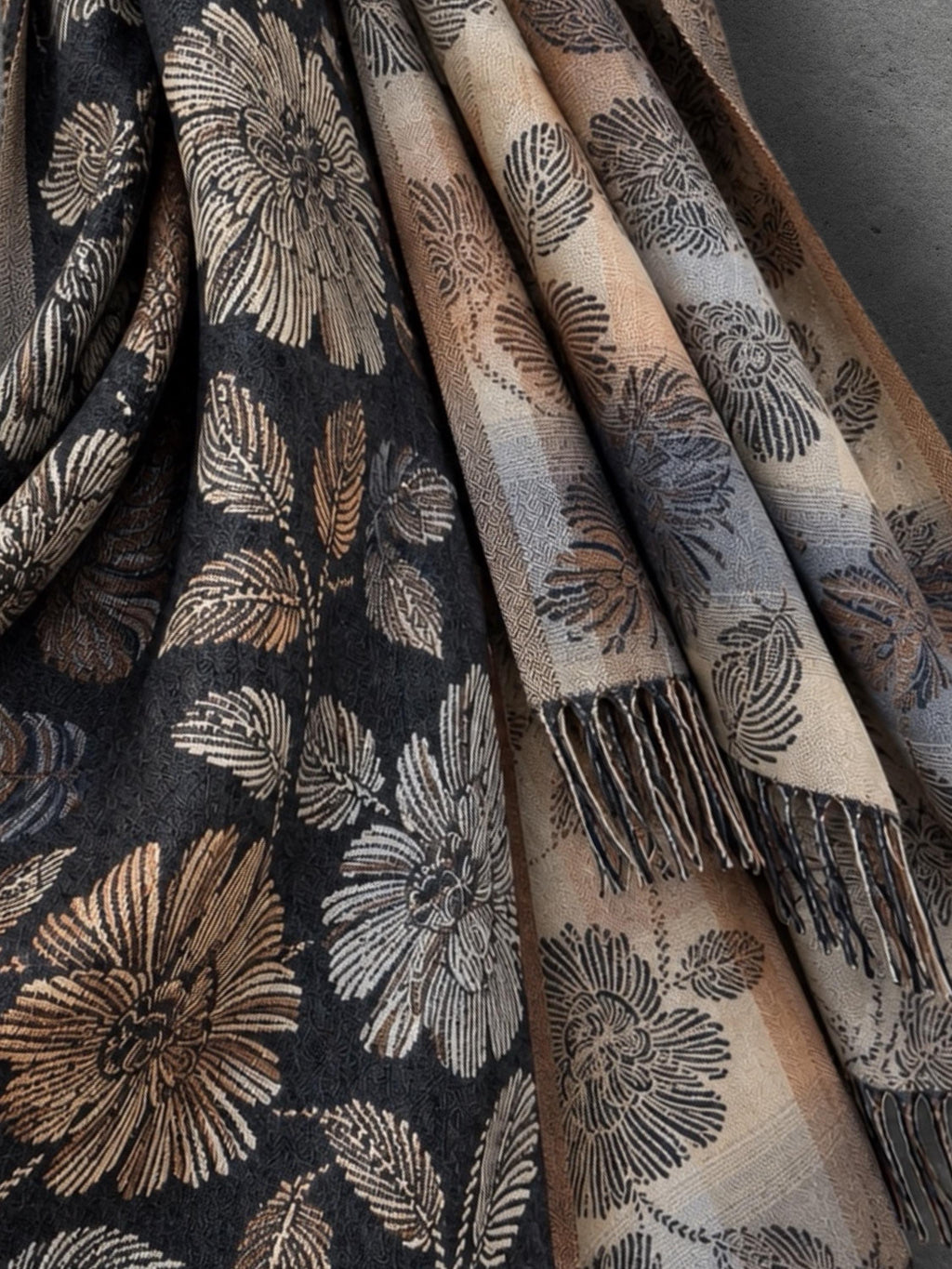 Reversible Black and Beige Floral Winter Scarf, Ultra Soft Shawl for Women, Botanical Pattern Wrap, Warm Gifts for Her
